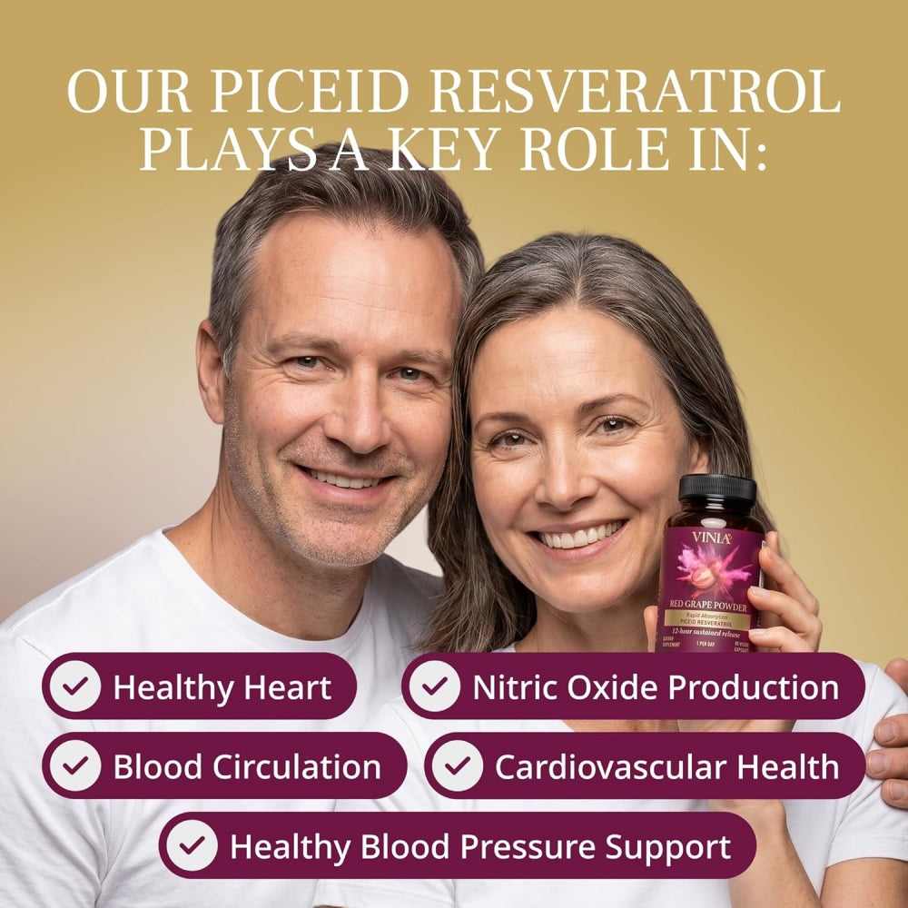 VINIA Piceid Resveratrol Capsules. Increases Blood Flow & Nitric Oxid Production. Healthy Blood Pressure & Heart Health Support* | Red Grape Polyphenol Antioxidant Supplement | Non-GMO, 30 Count